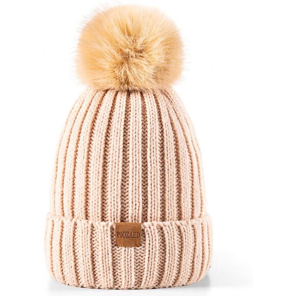 Women\'s Winter Warm Beige Beanie Fleece Lined Skull Faux Fur Pom Cuff Hat Cap main image 7
